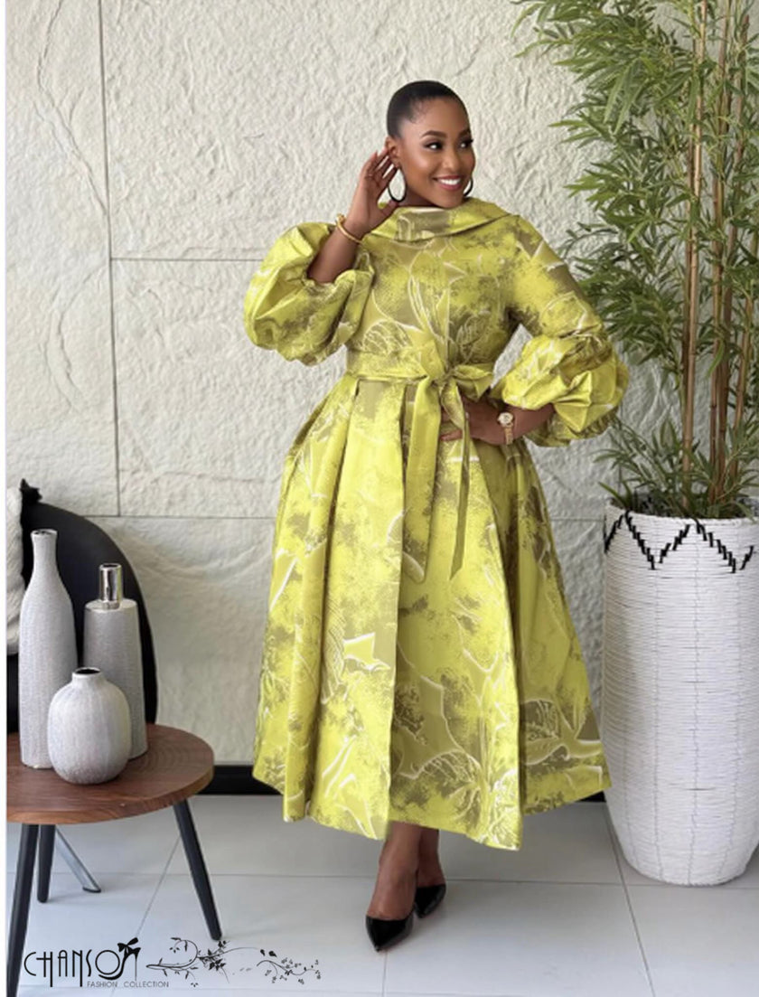 Bronze printed puff sleeve midi flare plus size dress - view 1