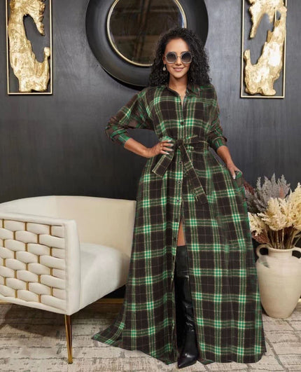 Green plaid maxi dress with long sleeves and waist belt, button-front and flared skirt