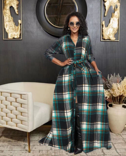 Teal-green plaid belted maxi dress, 3/4 long sleeves, button-front with flared hem