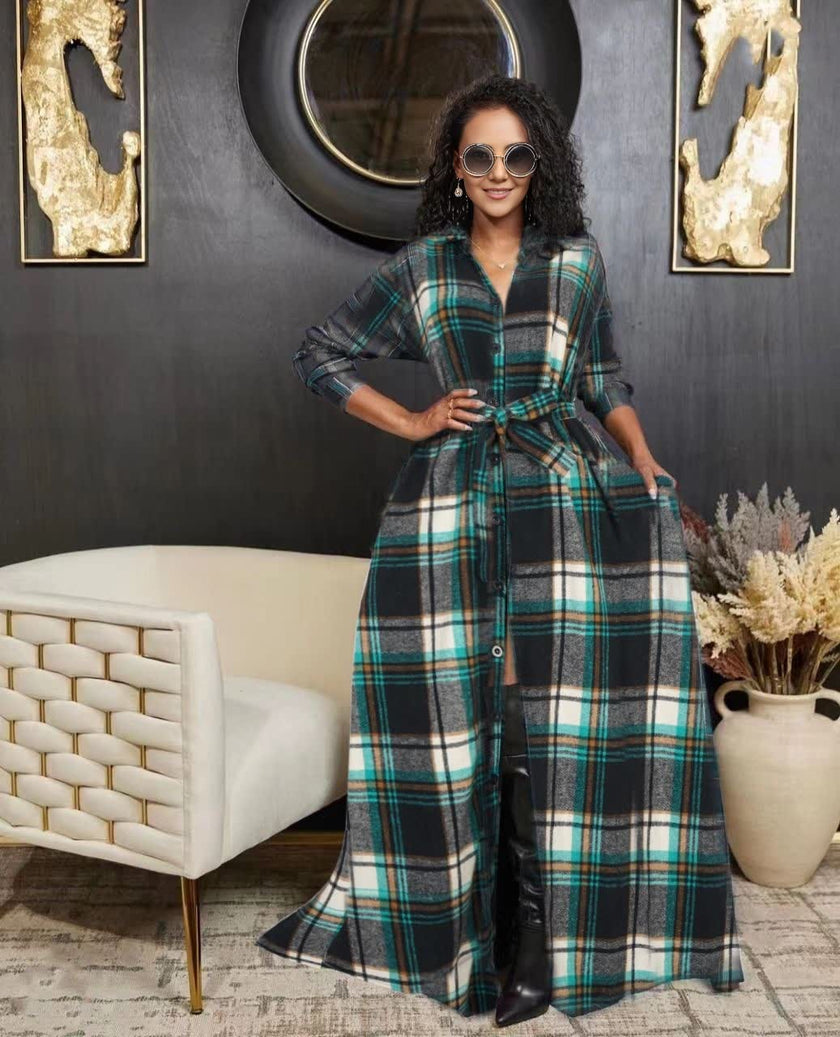 Teal-green plaid belted maxi dress, 3/4 long sleeves, button-front with flared hem