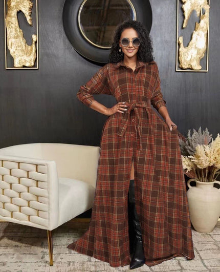 Rust-brown plaid maxi dress with long sleeves and waist belt, button-front flared skirt