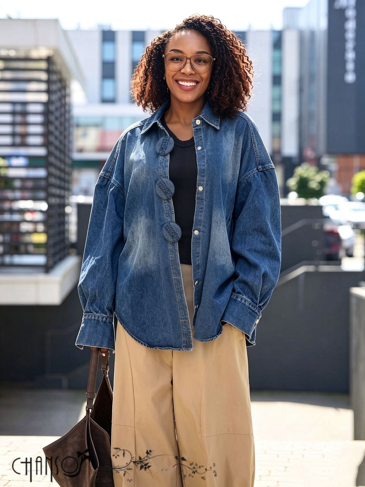 Oversized blue denim shirt jacket with dropped shoulders, long sleeves, and round buttons