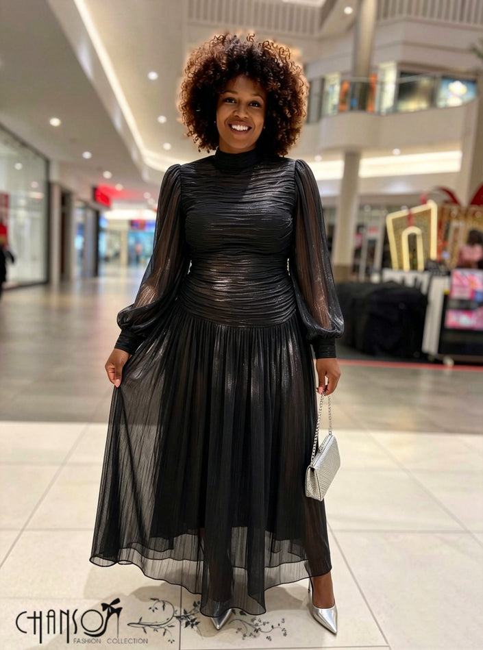 Black ruched high-neck maxi dress with sheer long sleeves and pleated tulle skirt