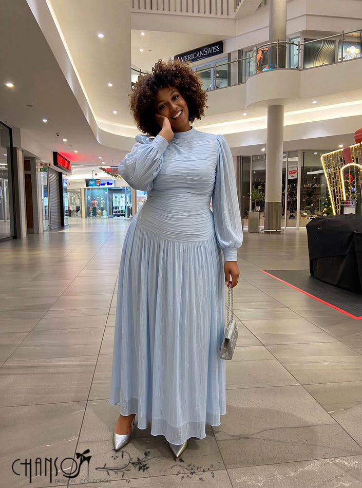 Sky blue ruched high-neck maxi dress with sheer long sleeves and tiered skirt