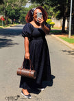Dark denim midi dress, square neckline, puff sleeves, smocked bodice, side pockets