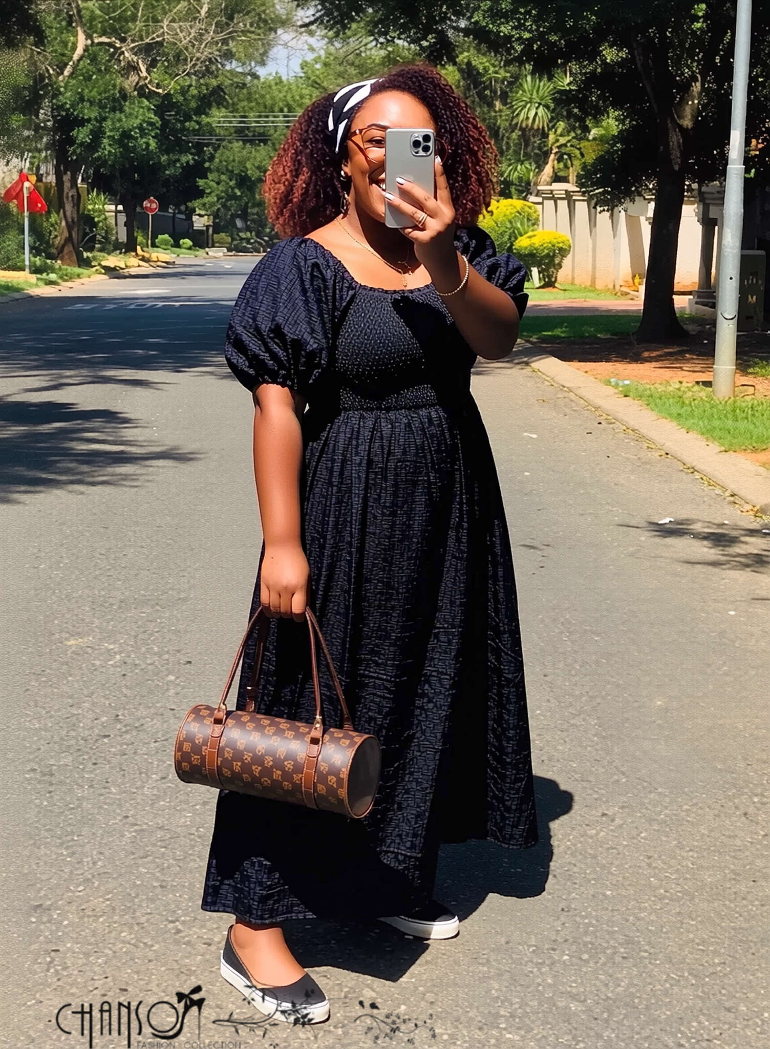 Dark denim midi dress, square neckline, puff sleeves, smocked bodice, side pockets