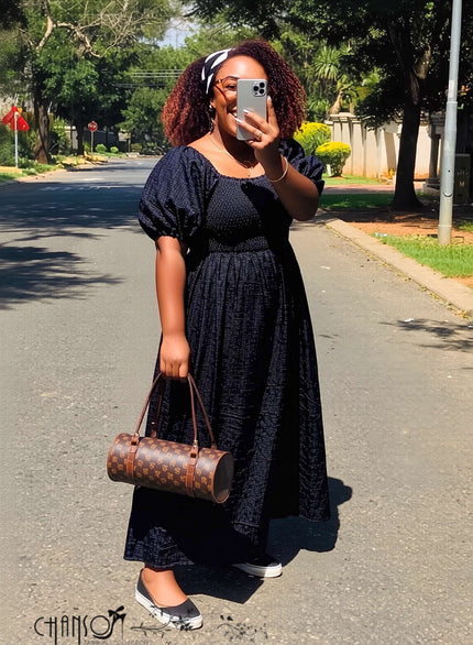 Dark denim midi dress, square neckline, puff sleeves, smocked bodice, side pockets