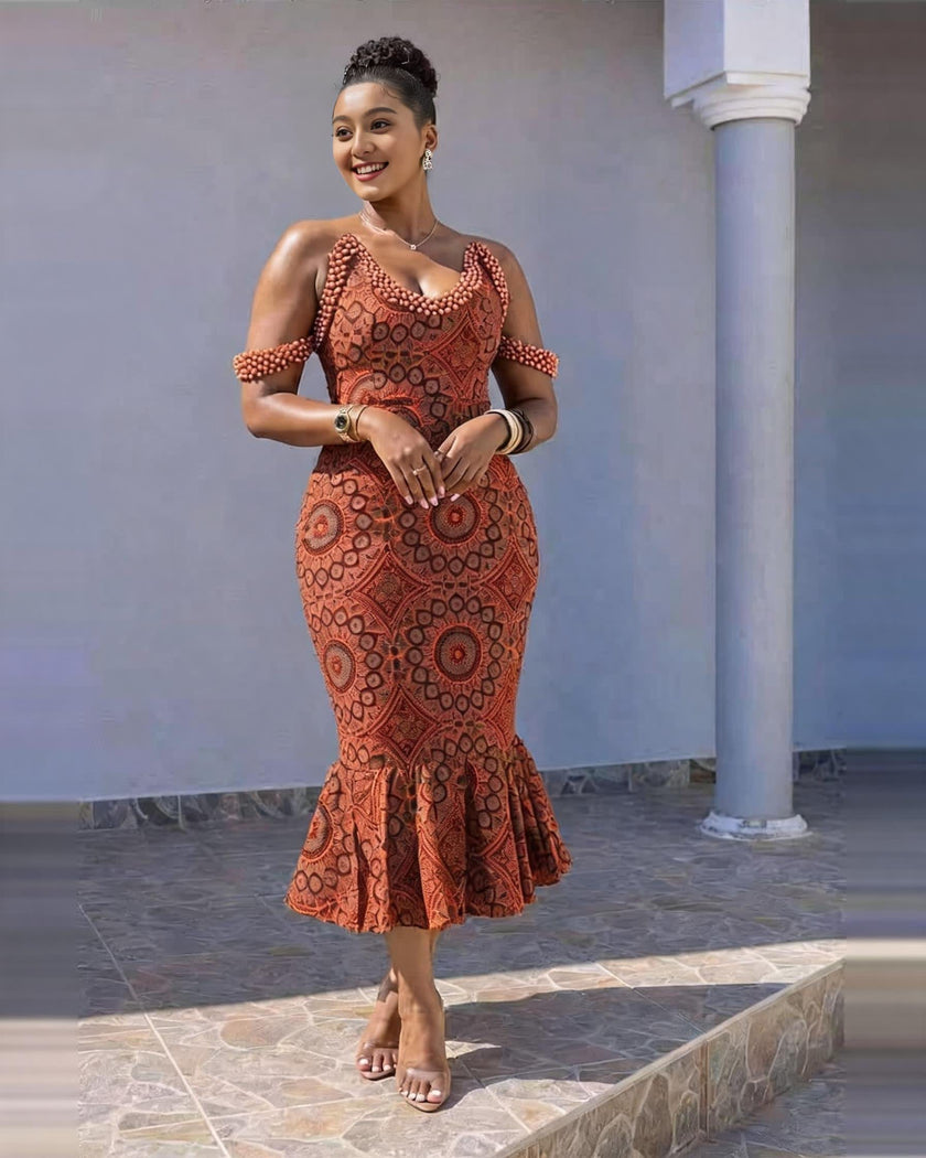 Rust-orange beaded off-shoulder midi dress with flared hem