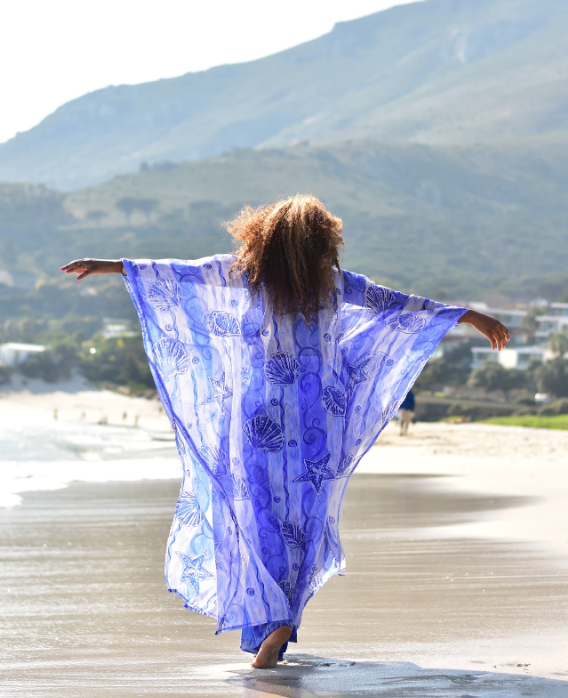 Lightweight marine printed tunic top, blue with button front and dolman sleeves