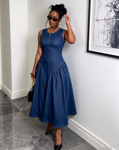 Sleeveless blue denim midi dress with seam detailing and flared hem