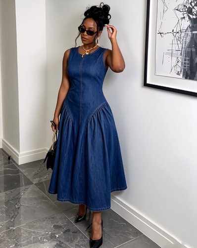 Blue sleeveless denim midi dress with fitted waist and flared skirt