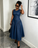 Dark blue sleeveless denim midi dress, fitted waist and flared skirt