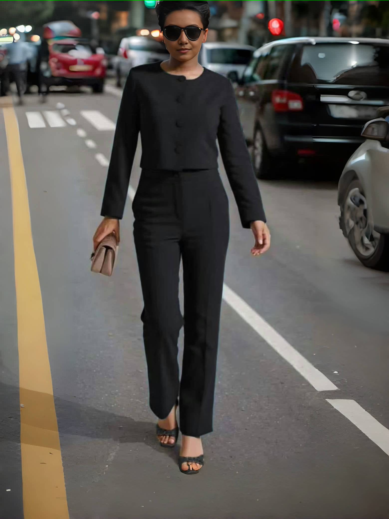 Button-top set with straight-leg pants, black