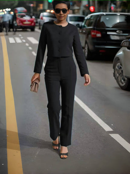 Black button-front top and straight-leg pants set, full-length view