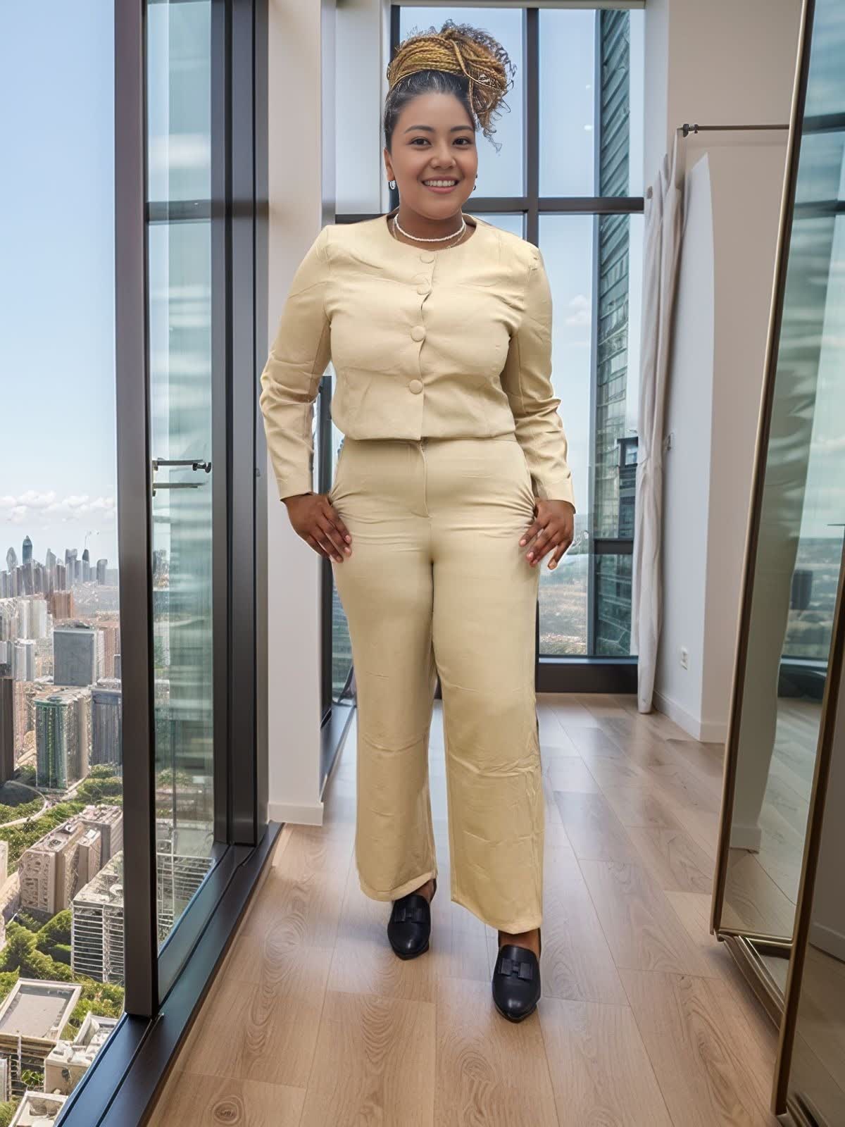 Button-front set with straight-leg pants, beige