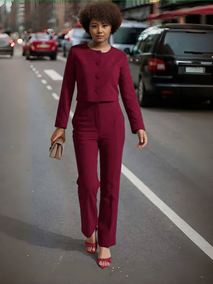 Maroon button-front top and straight-leg pants set, long sleeves