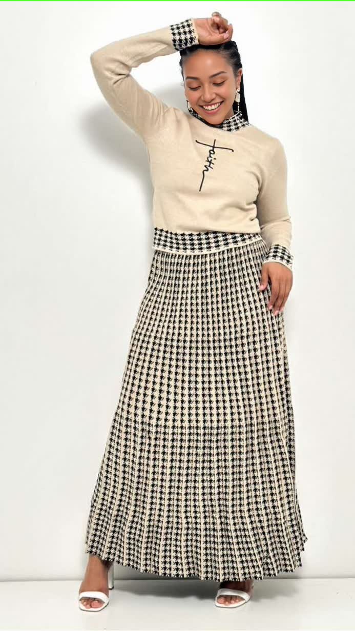 Maxi-Strickrock mit Hahnentrittmuster, beige/weiß/schwarz, breiter Bund