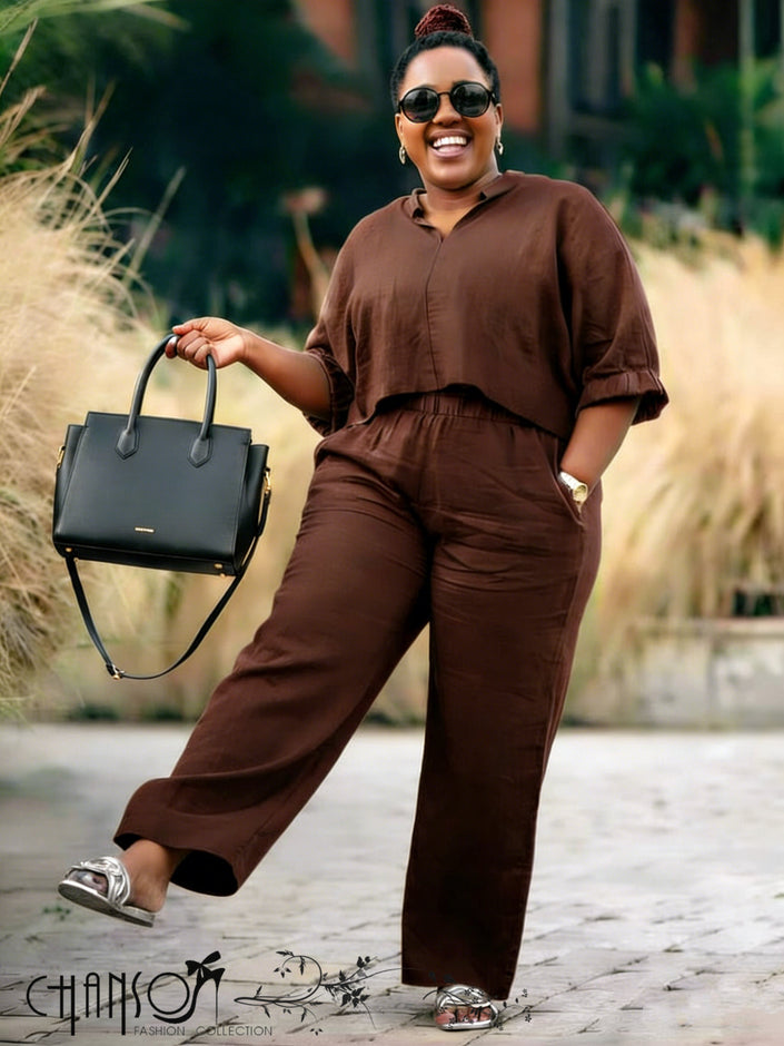 Coffee-brown relaxed twin set: short-sleeve top and wide-leg pants