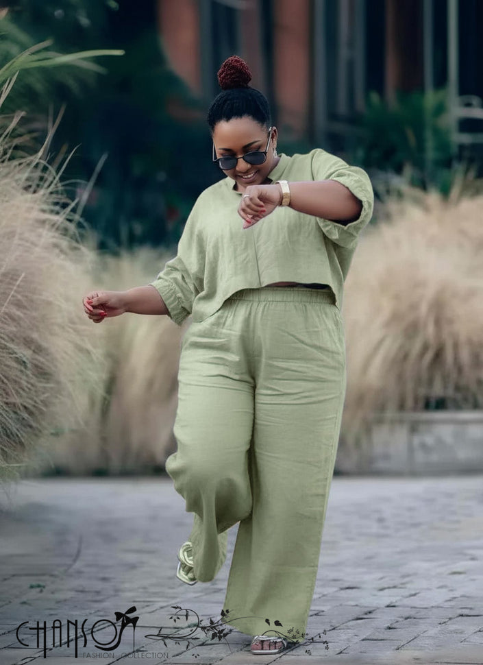 Light sage relaxed twin set: short-sleeve top and wide-leg pants