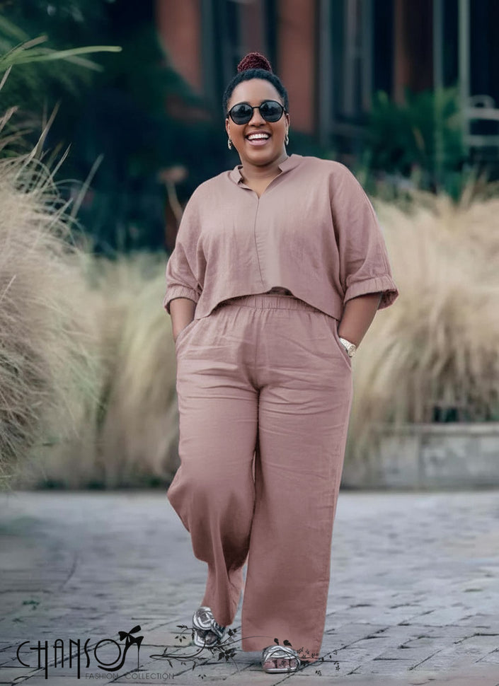 Rosy-brown relaxed twin set: short-sleeve top and wide-leg pants