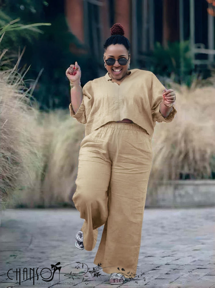 Khaki relaxed twin set: roomy short-sleeve blouse and wide-leg pants