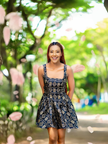 Women's Sleeveless Geometric Pattern Fit and Flare Dress with Square Neckline