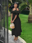 Elegant Off-Shoulder Ruffle Sleeve Pleated Maxi Dress