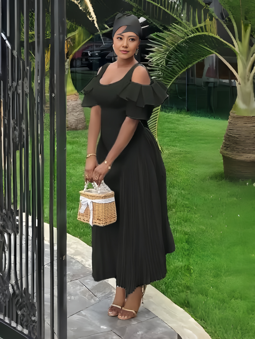 Off-shoulder maxi dress, black with ruffle pleated bodice and flowing skirt