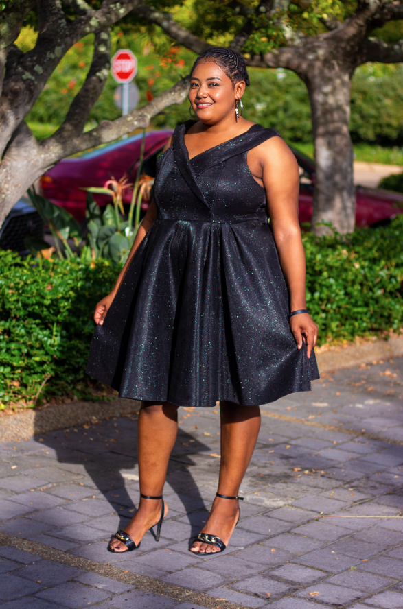 Black glitter A-line dress, sleeveless V-neck with flared skirt
