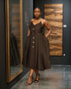 Black sleeveless A-line midi dress with button front and waist belt