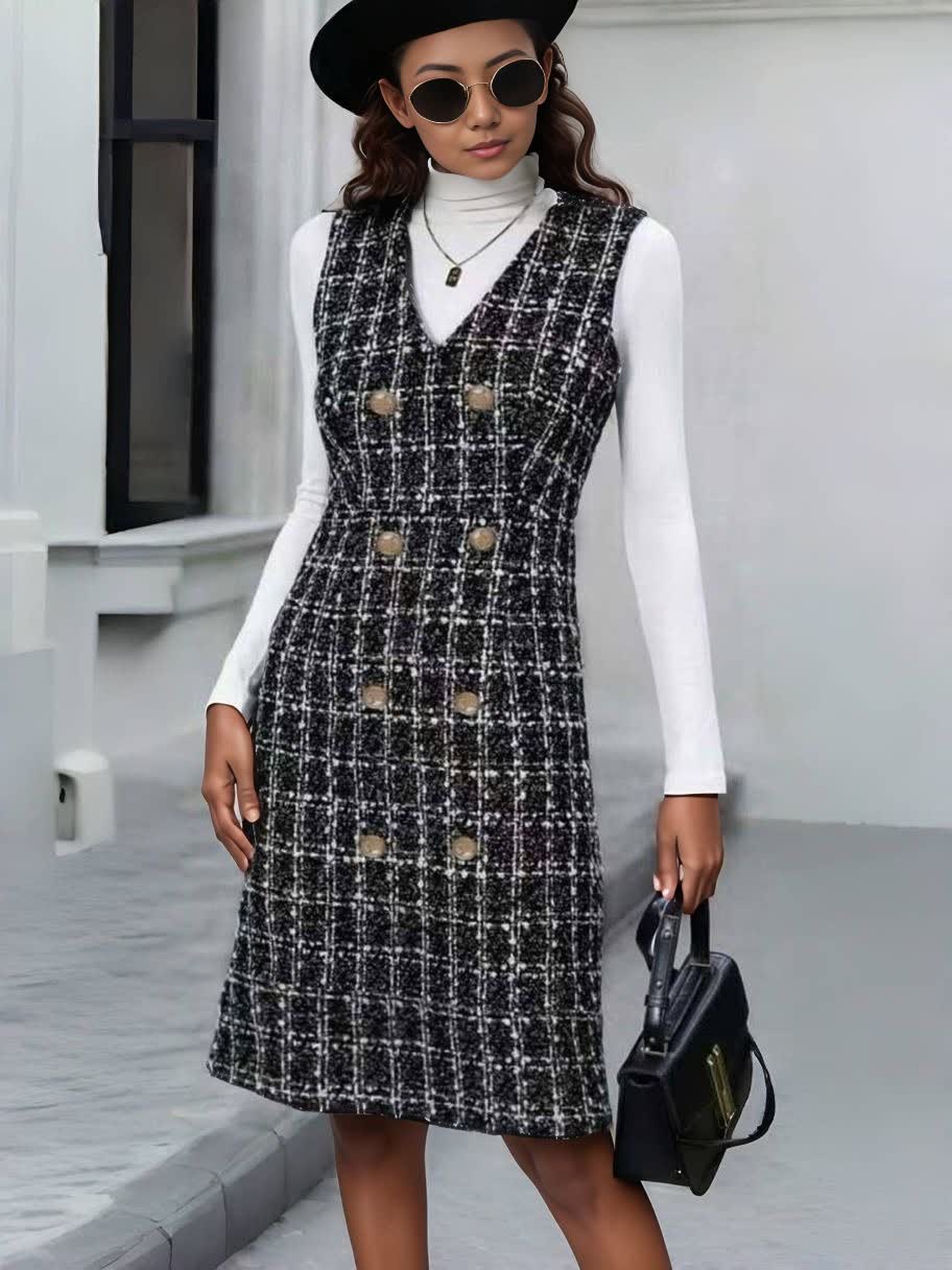 Stylish Plaid Double-Breasted Midi Dress