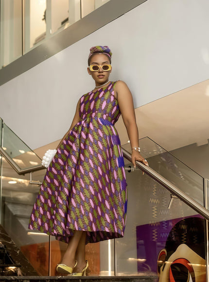 Geometric print sleeveless midi dress in purple with yellow and white shapes