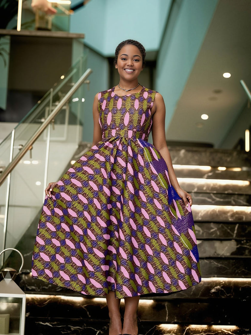 Sleeveless Fit-and-Flare Dress with Geometric Print