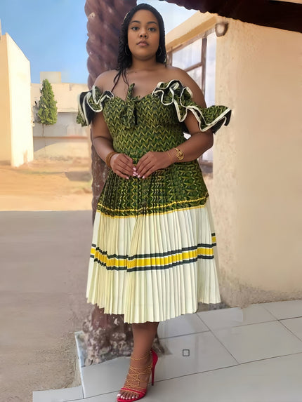 Off-shoulder pleated midi dress, dark green with off-white tiered skirt and yellow trim