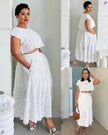 White lace twin set with short-sleeve top and tiered midi skirt