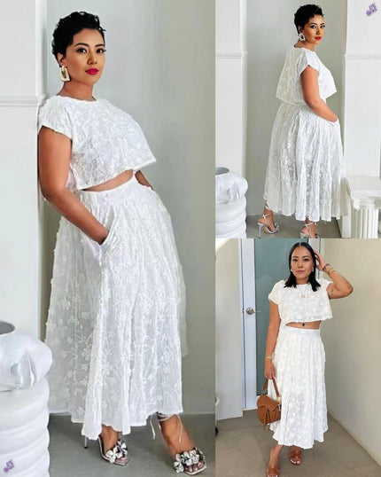 White lace twin set with short-sleeve top and tiered midi skirt