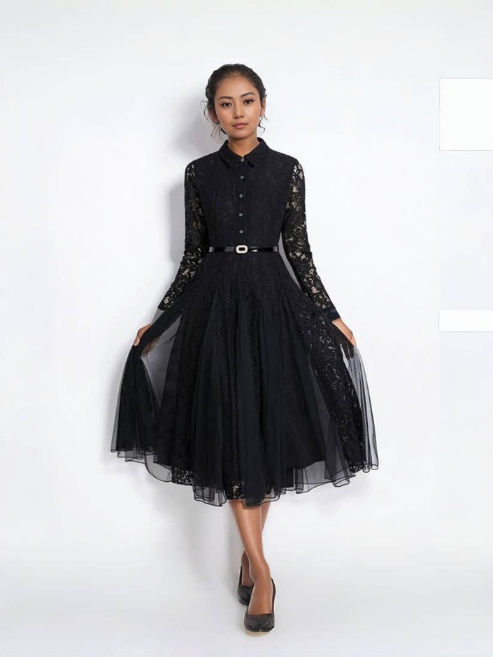 Black lace midi dress with long sleeves, belt, and flared tulle skirt
