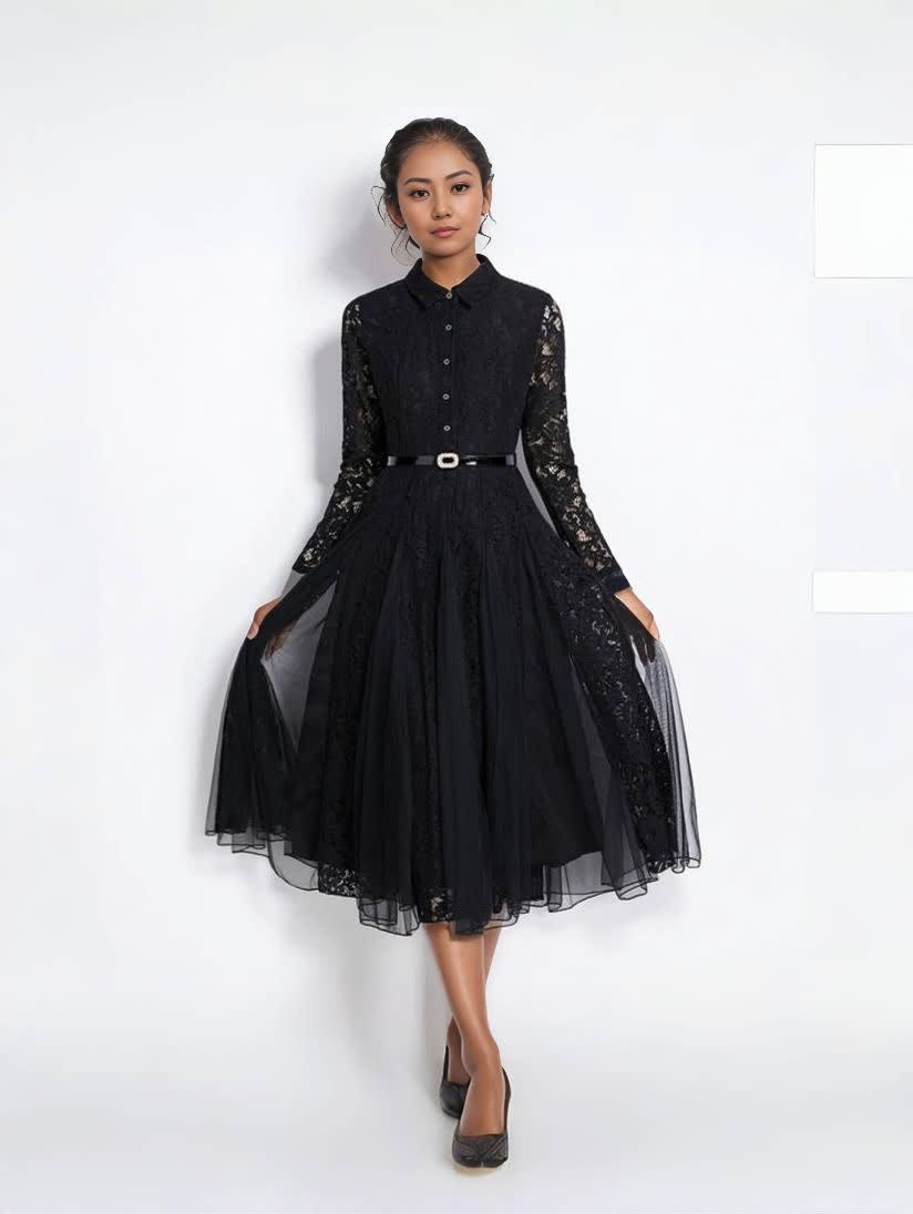 Black lace midi dress with long sleeves, belt, and flared tulle skirt
