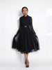 Black lace midi dress with long sleeves, belt, and flared tulle skirt