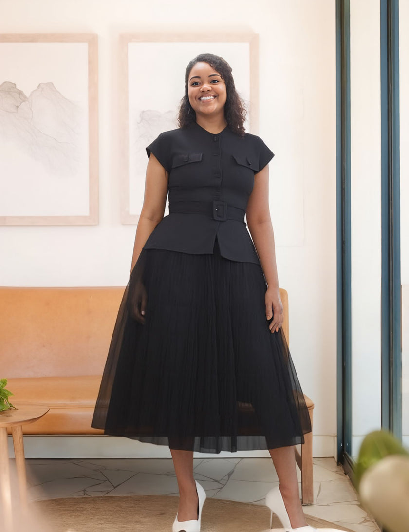 Black pleated midi skirt with short-sleeve buttoned peplum top set and belt
