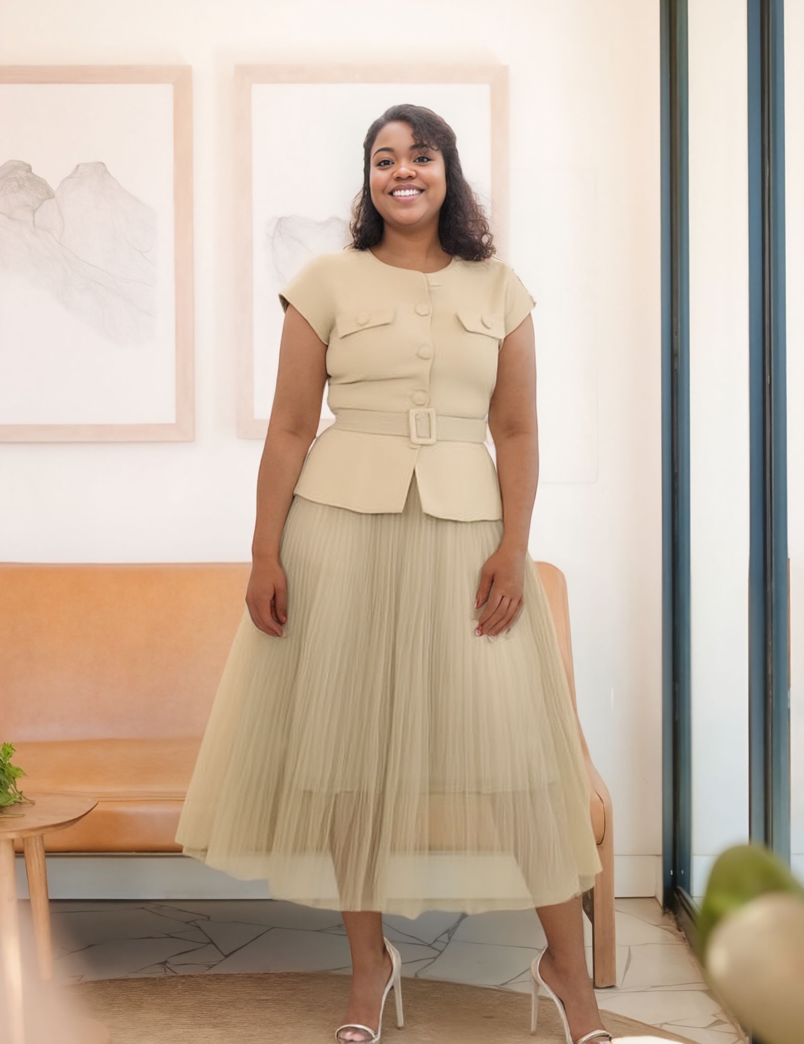 Tan pleated midi skirt with short-sleeve buttoned peplum top set and belt