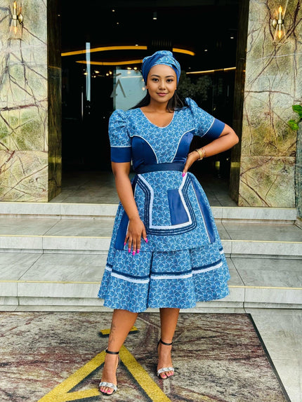 Blue African print puff-sleeve flare dress with tiered skirt
