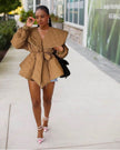 Khaki belted puff-sleeve quilted coat with pointed collar and tie belt