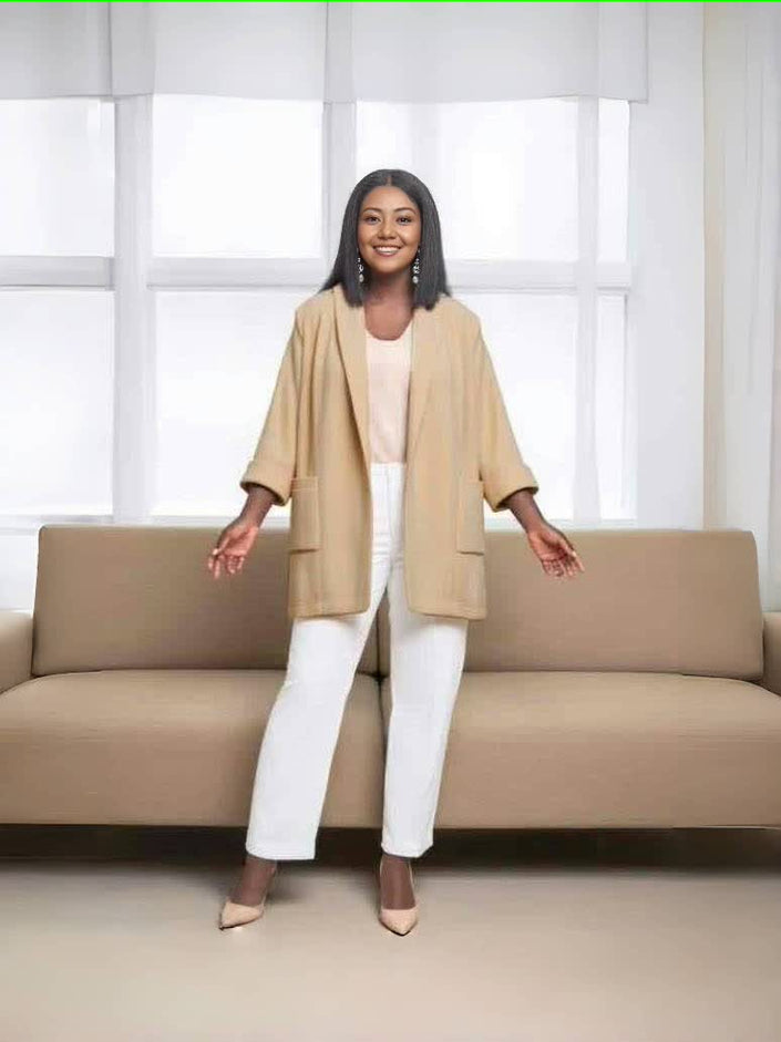 Tan midi coat jacket with open front and wide kimono-style sleeves