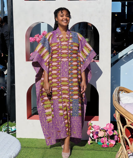 Geometric wide-sleeve robe dress in purple with multicolor patterned print, V-neck front