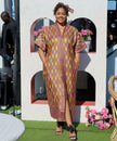 Diamond print flared-sleeve maxi dress, mauve with yellow diamonds