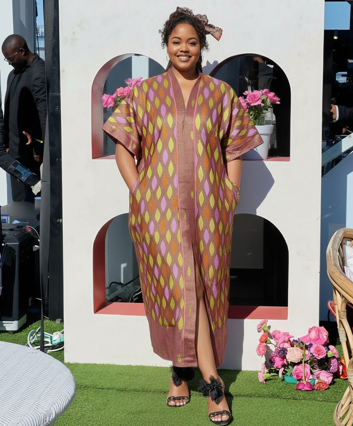 Diamond print flared-sleeve maxi dress, mauve with yellow diamonds