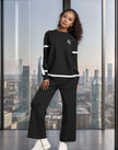 Knitted Two-Piece Casual Sportswear, Black Pattern on Chest, Black Stripes on Sleeves and Hem