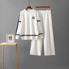 Knitted Two-Piece Casual Sportswear, Black Pattern on Chest, Black Stripes on Sleeves and Hem