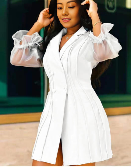 White ruffle-pleated mini dress with sheer puff sleeves